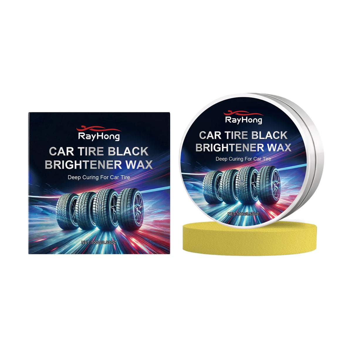 Car tyre polishing paster with beeswax and silicone oil in 100g block, plus sponge applicator for tyre restoration