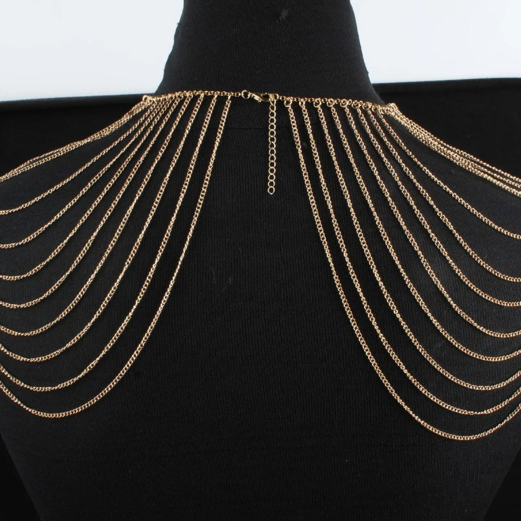 Fashion simple multi-layer body chain for women in gold electroplated alloy, styled as shoulder jewellery