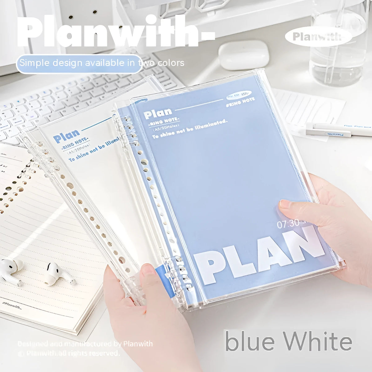Transparent A5 PVC loose cover for spiral notebooks, shown in blue and white colour options.
