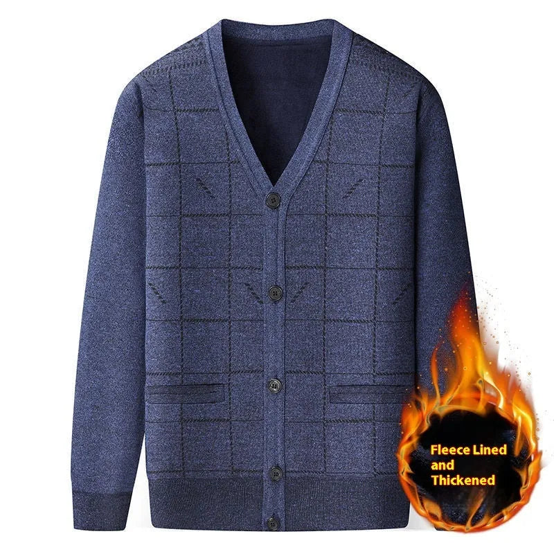Men's grey batwing sleeve cardigan with wool lining shown on a hanger.