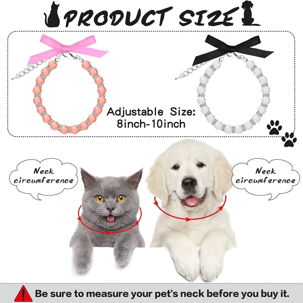 Small dog wearing adjustable pearl and rhinestone necklace with soft ribbon bow in pink colour