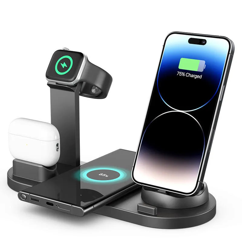 Black multi-device charging stand holding a mobile phone, headphones, and a watch with 15W wireless charging.