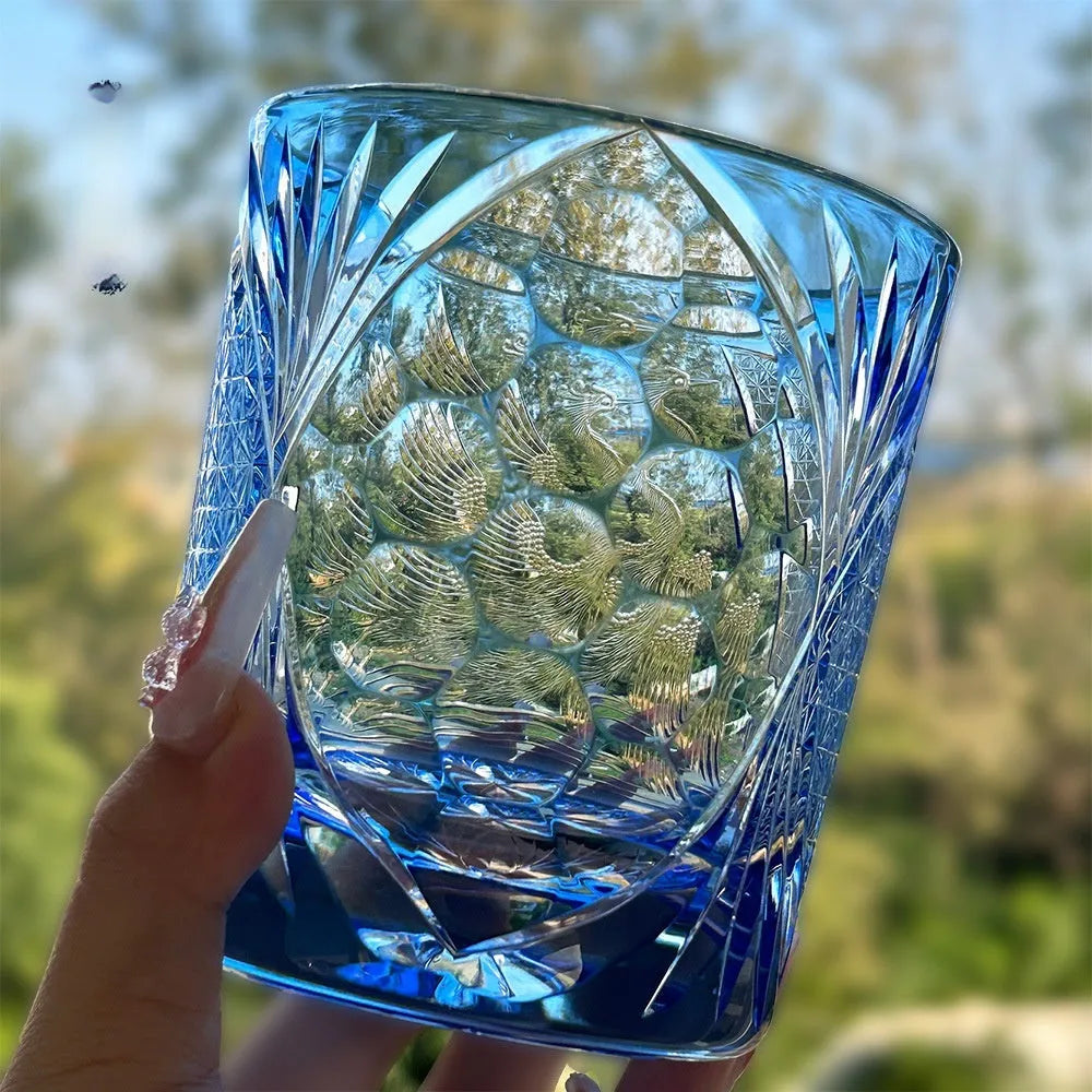 Crystal glass hand carved whiskey shot glass in crane water blue sky blue colour 90x100mm