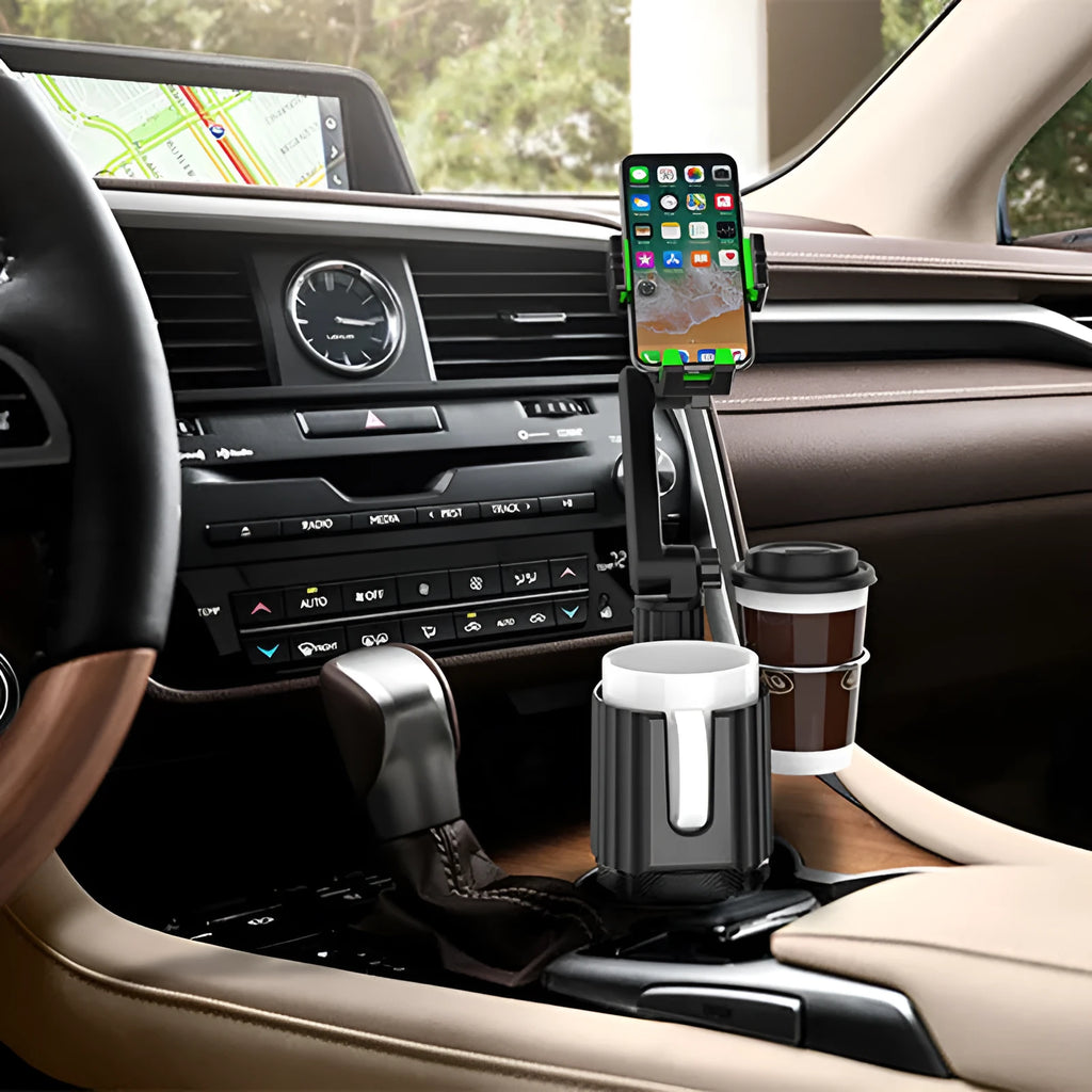 Green and grey A02 model in-car drink rack and mobile phone holder made of ABS/PC plastic.