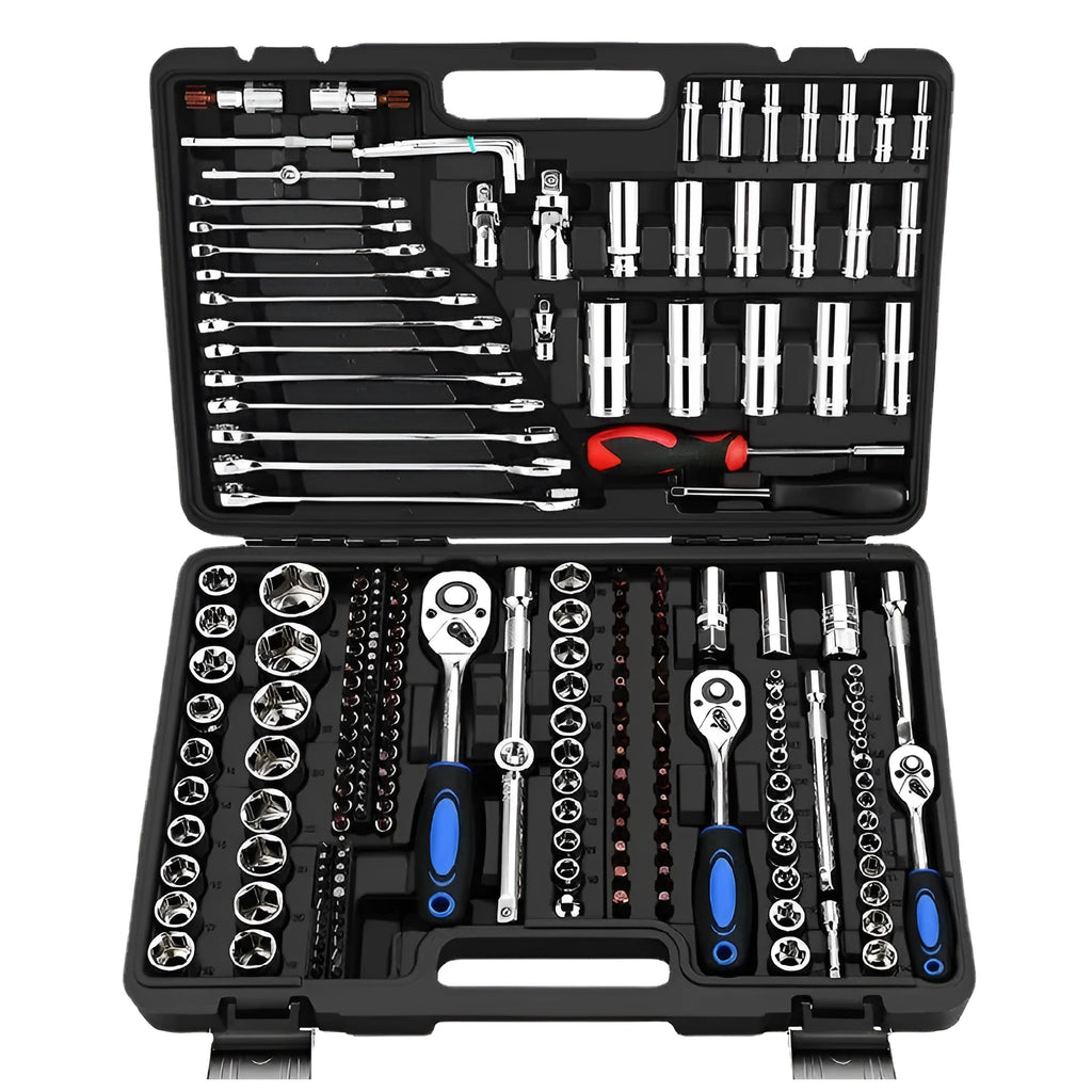 46-piece chromium vanadium steel socket ratchet wrench set with nickel-plated finish in a case.