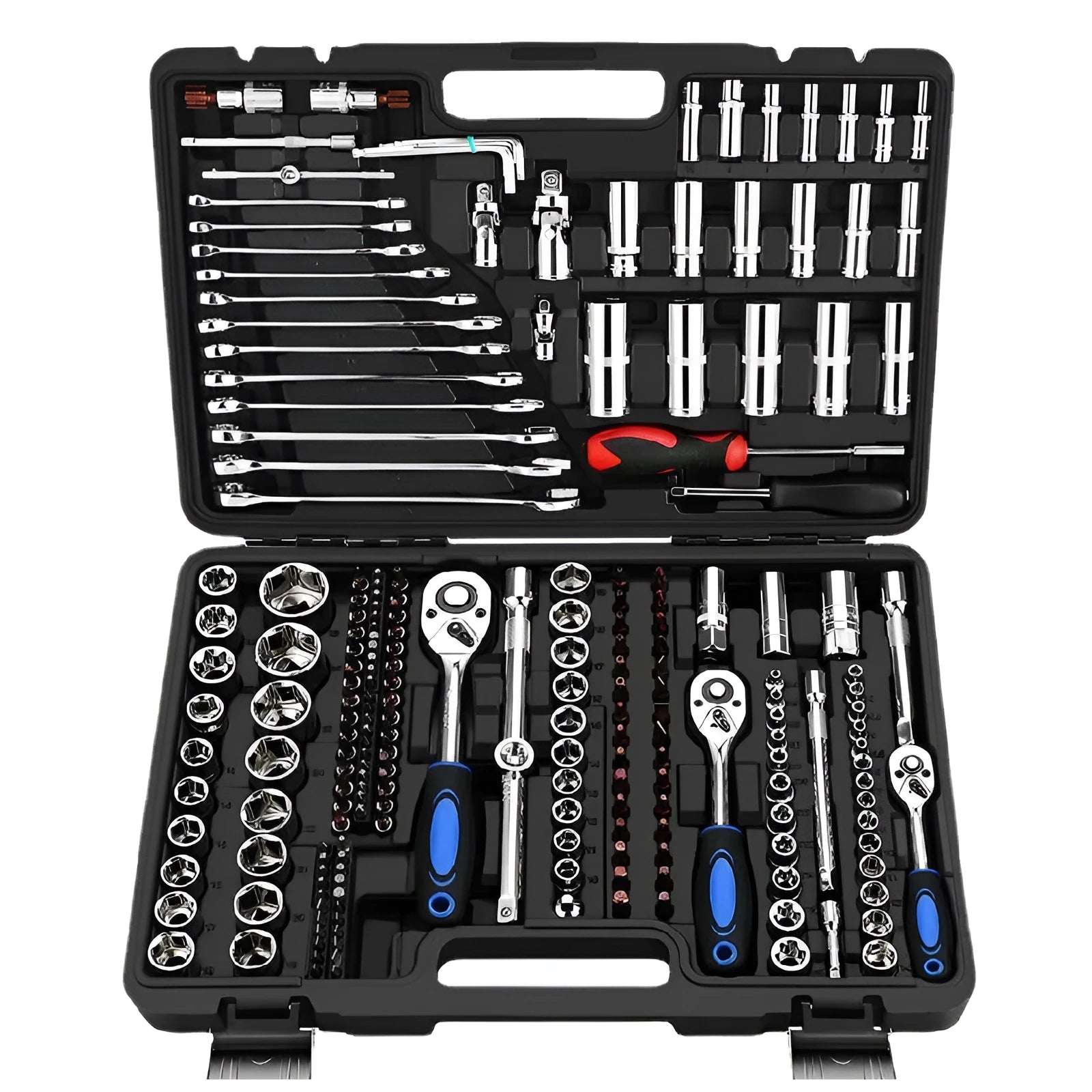 46-piece chromium vanadium steel socket ratchet wrench set with nickel-plated finish in a case.
