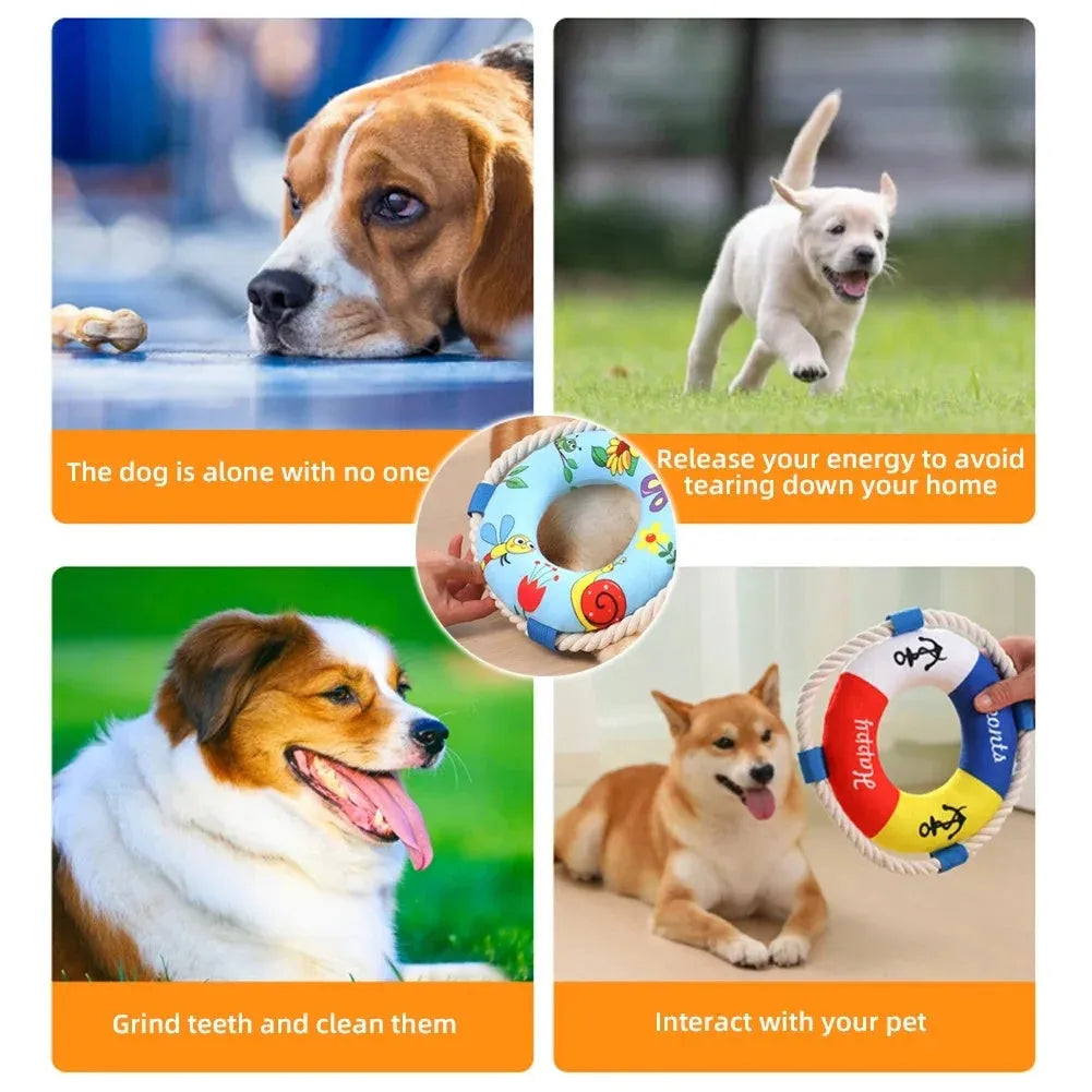 25 cm plush dog pull ring toy with squeaker in blue, red or yellow for puppies and small dogs