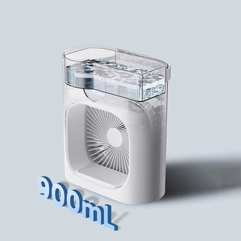 White USB refrigeration air conditioner fan with screen display and button control on a desk