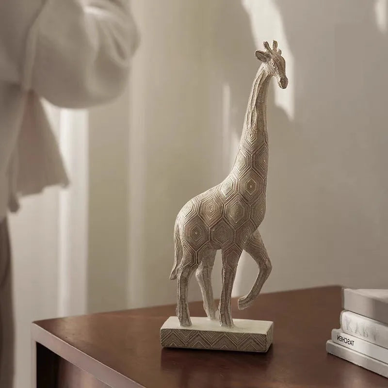 Wood colour European style synthetic resin giraffe ornament measuring 30.5cm tall.