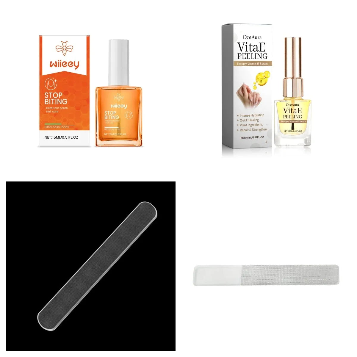 Nail anti-bite bitter nail water 15ml glass bottle with treatment solution and two nail files on white background