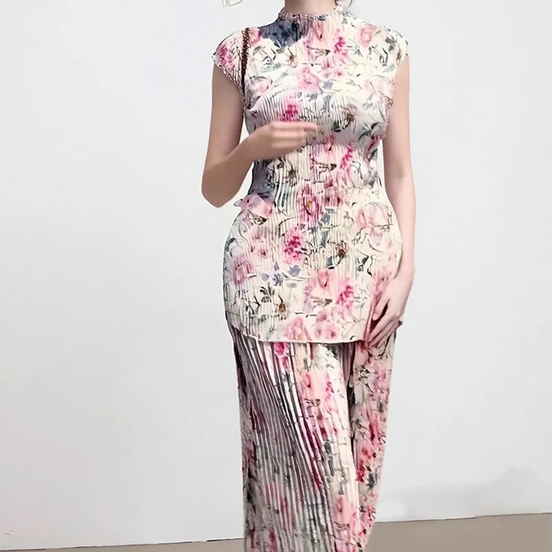 Long sleeve printed chiffon dress two-piece set with high waist skirt in picture colour