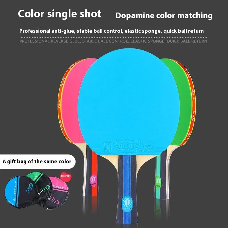 Table tennis racket with cover and bag in pink, blue and green shakehand grip colours