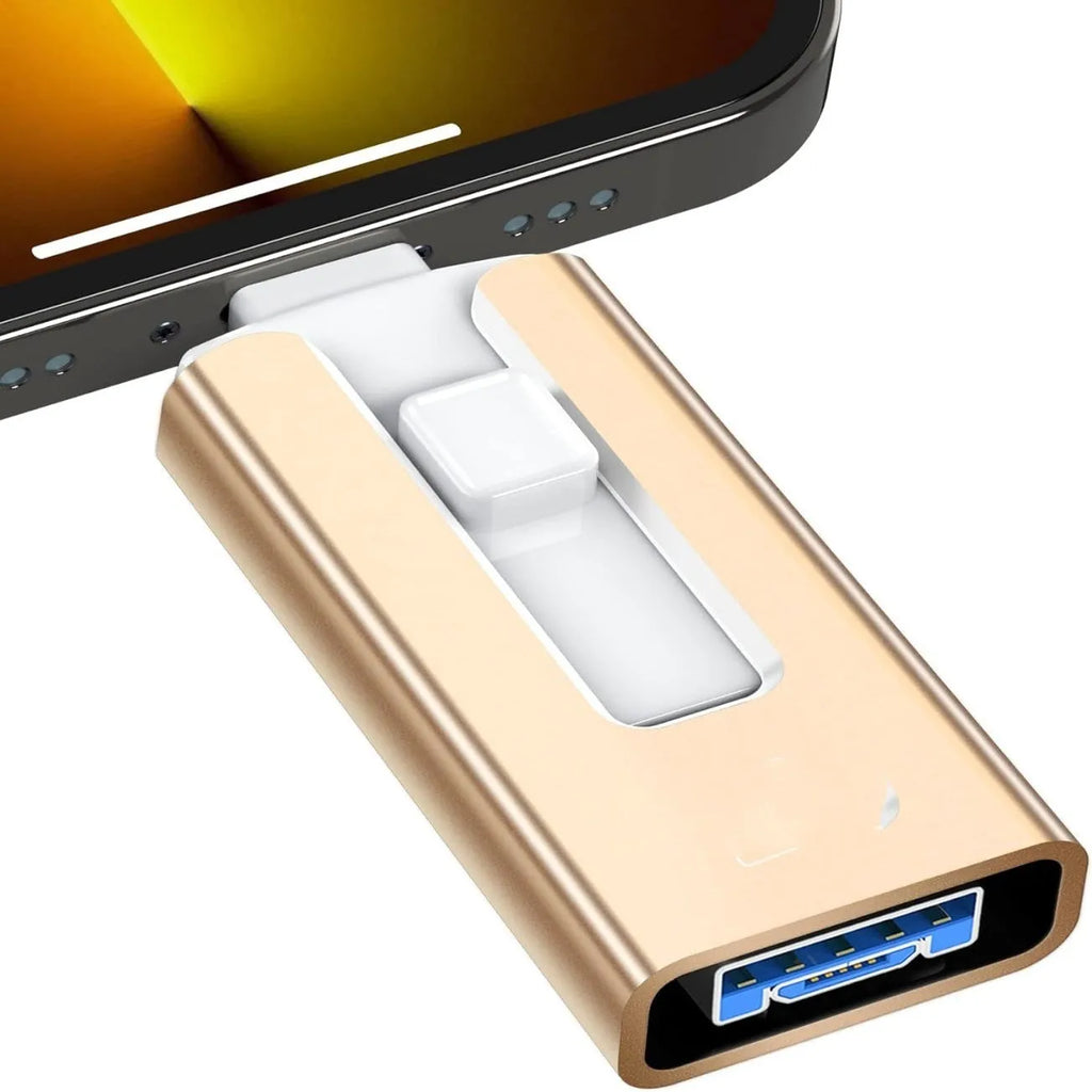 Multifunctional thumb drive in silver metal shell showing Lightning, USB, and OTG connectors with push-pull mechanism