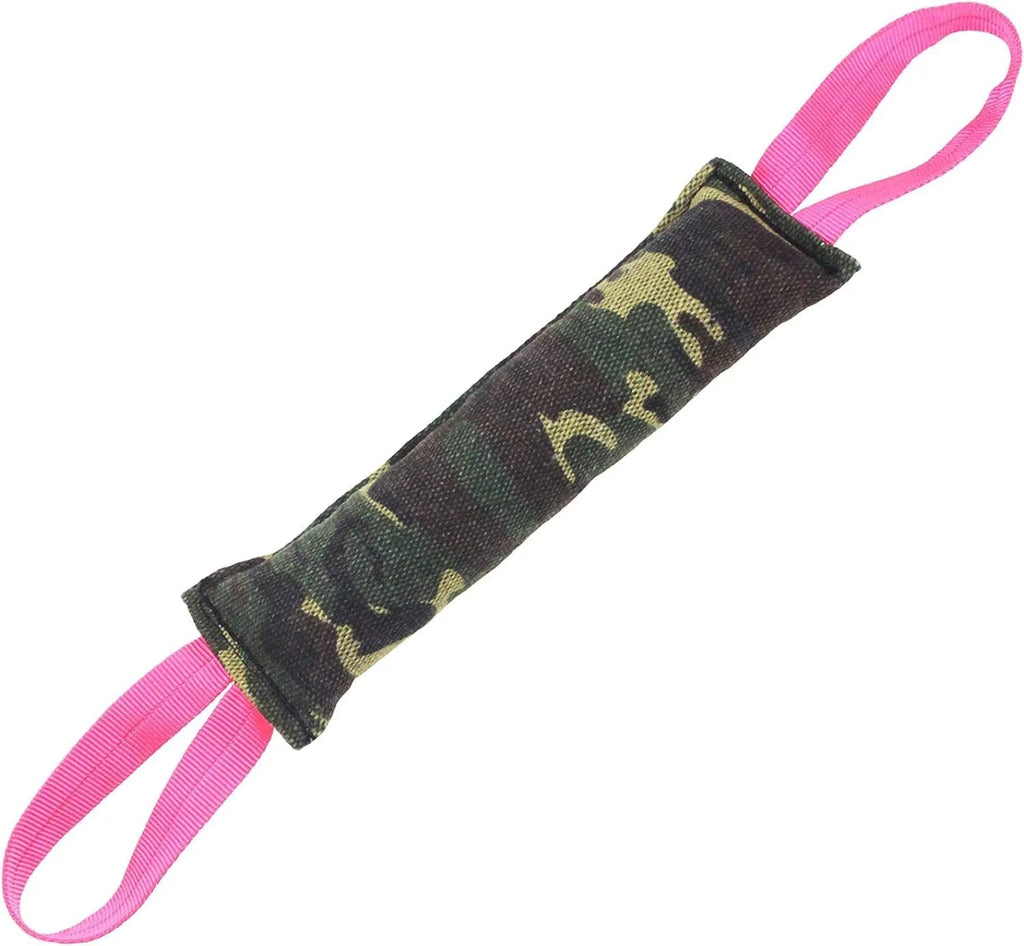 Beige jute dog tug toy with two fabric handles on a grey background.