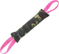 Beige jute dog tug toy with two fabric handles on a grey background.
