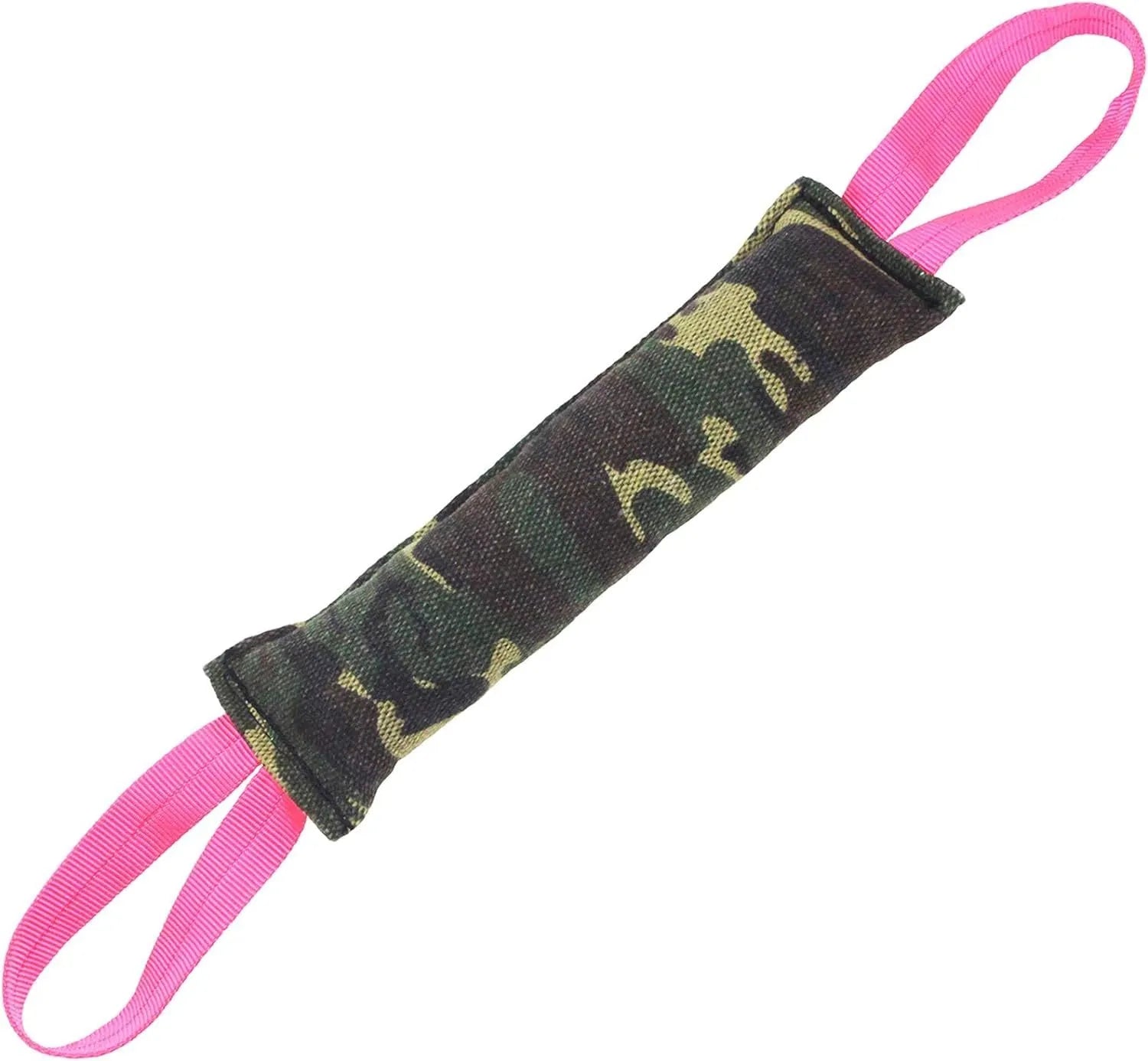 Beige jute dog tug toy with two fabric handles on a grey background.