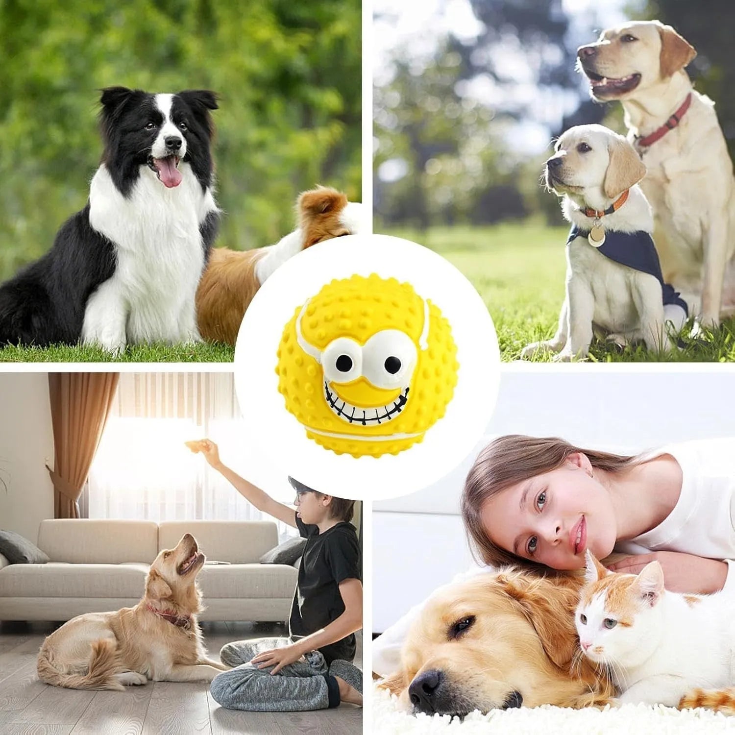 Green latex squeaky dog ball with smile face design for fetch and chew play