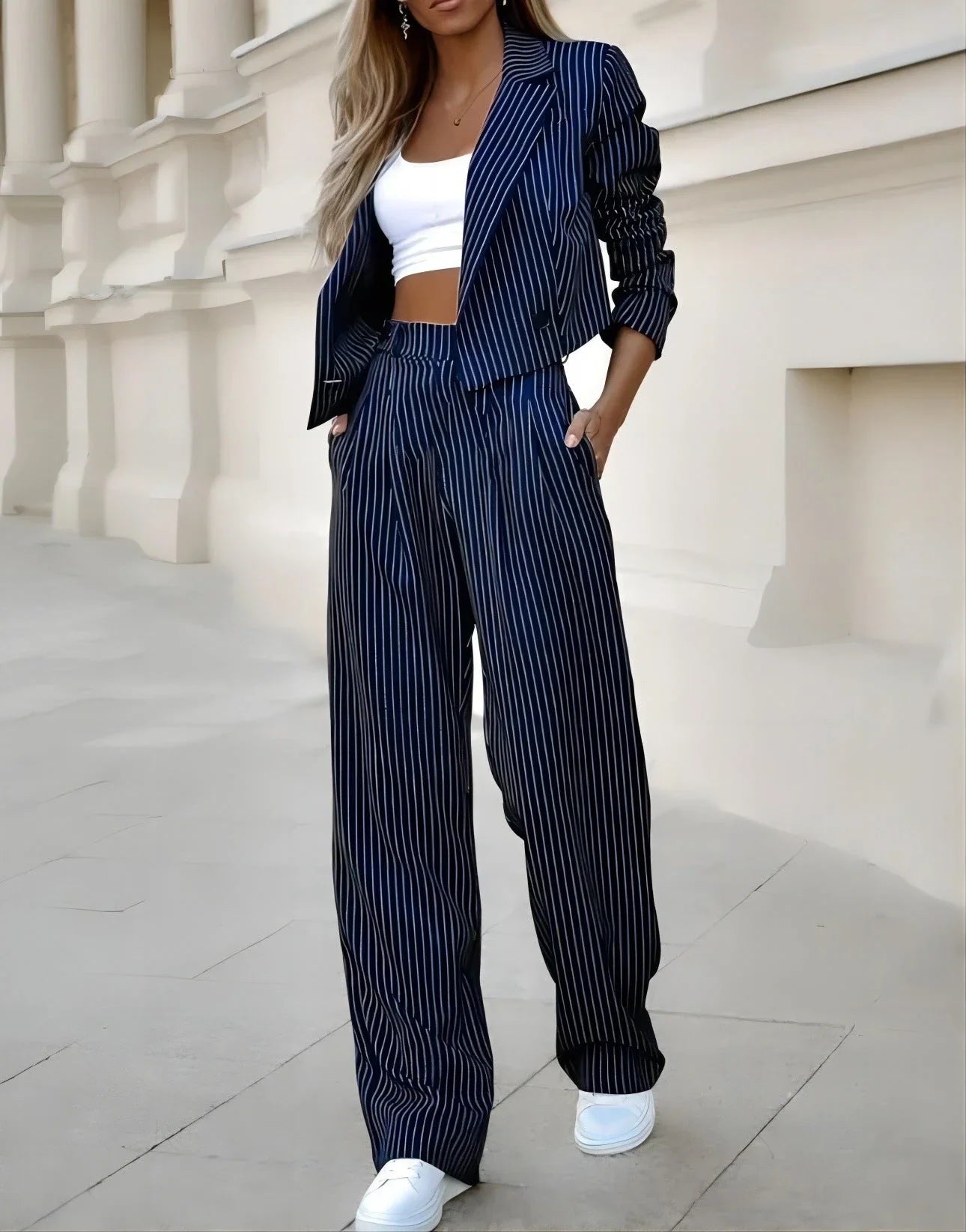 Stylish striped suit set with cropped top and straight-leg pants in various colors