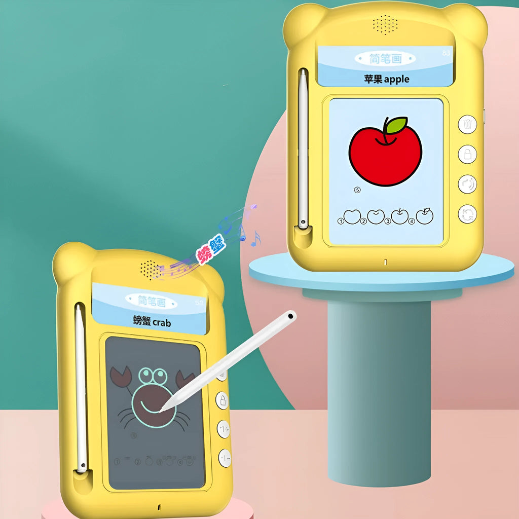 Yellow bilingual early learning machine with educational cards for English letters and Chinese character development