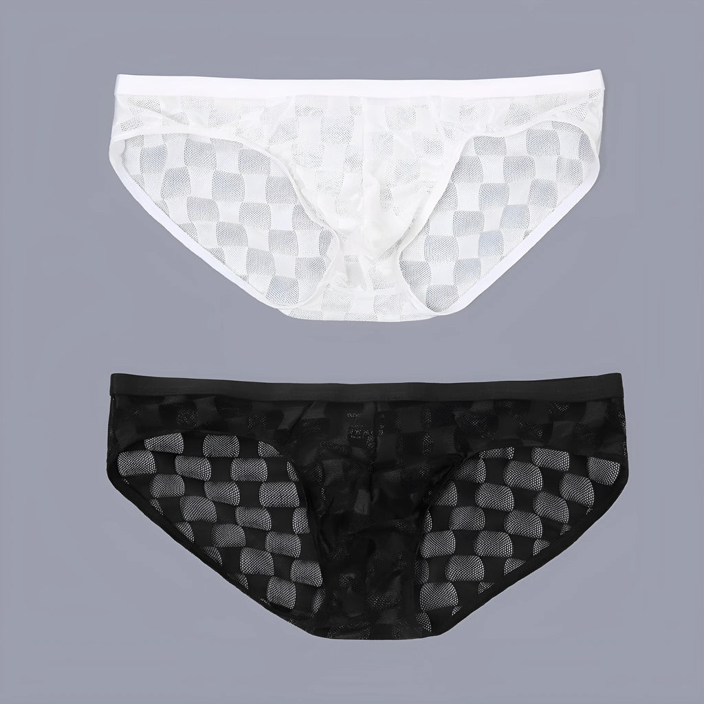 Men's black and white plaid mesh briefs with a U-convex design on a size chart.