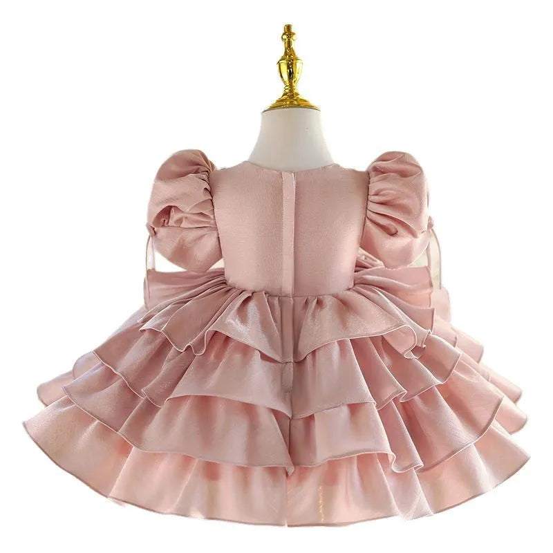 Girls pink princess piano performance dress with polyester lining, available in heights 80cm to 150cm