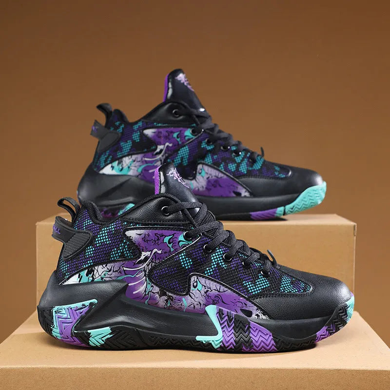 Men's breathable high top basketball shoe graffiti colour block non-slip rubber outsole front tie-up