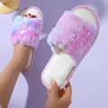 Women's open-toe fluffy cotton slippers with gradient suede upper and EVA sole in pink or blue and purple