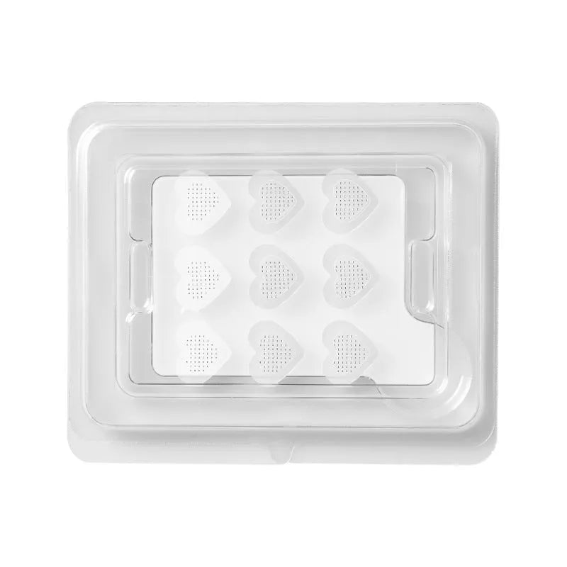 Soluble hyaluronic acid invisible microneedle acne patch sheet with 9 individual 14mm patches.