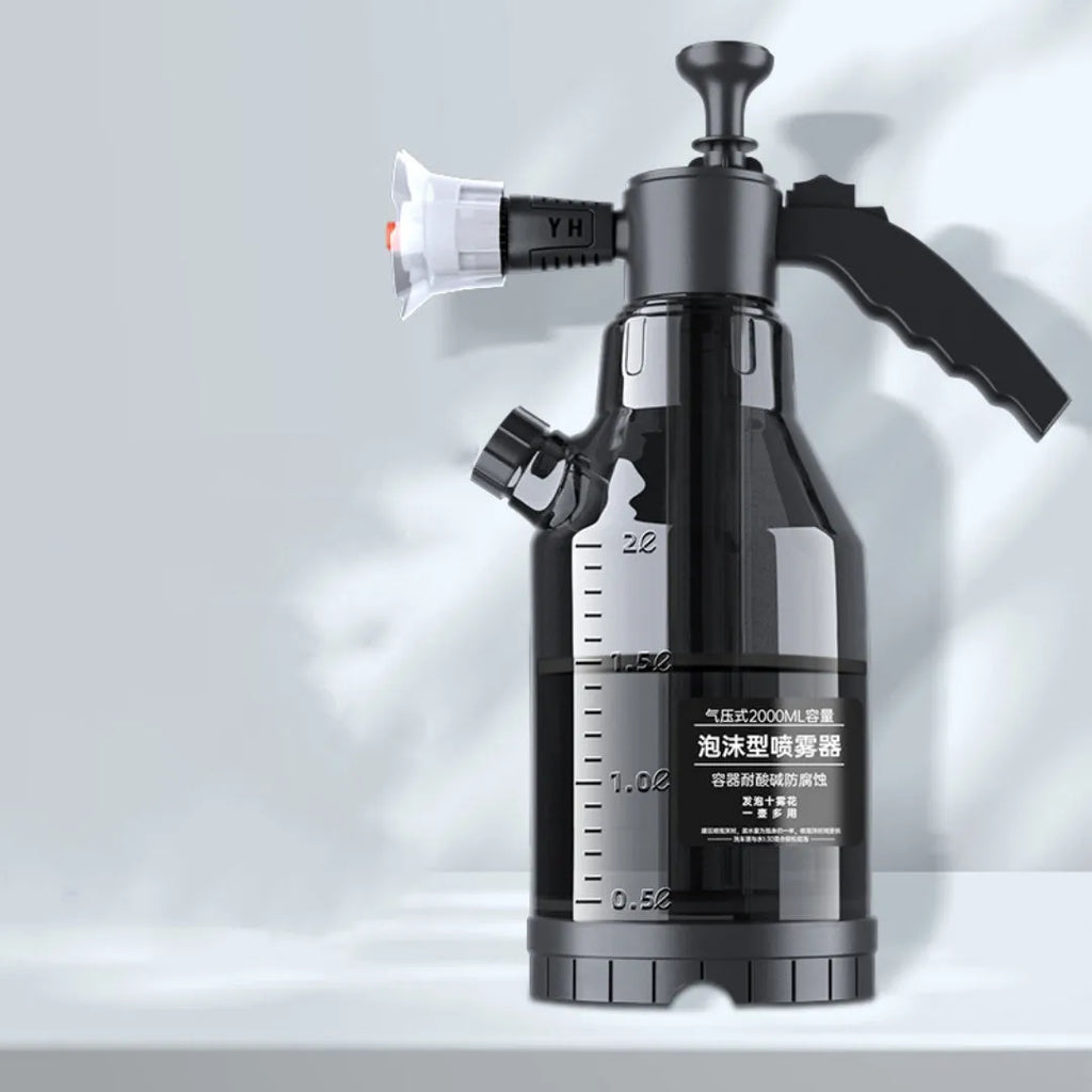 Blue hand-held car wash foam sprayer with 2L tank and high-pressure water cannon nozzle.
