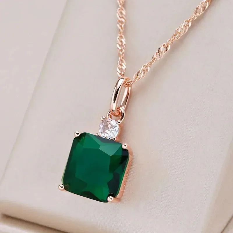 Green 585 rose gold simulation clavicle chain necklace with titanium steel quadrilateral pendant on stainless steel O-ring chain