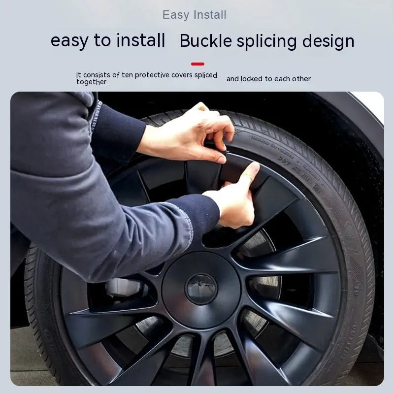 Tesla Model Y plastic wheel hub cover with sectional steel ring design in four colour options