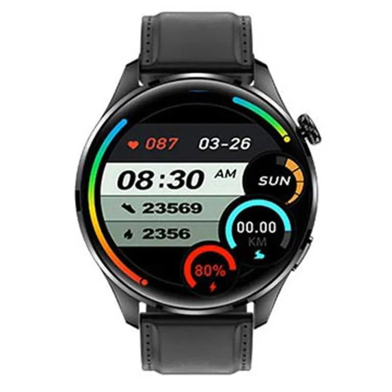 Black smart watch with circular colour screen on a silicone strap, showing call interface
