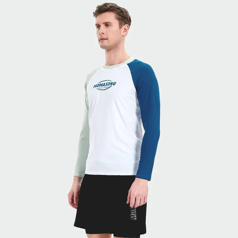 Men's white long-sleeved swim top with matching blue swim trunks for beach sports