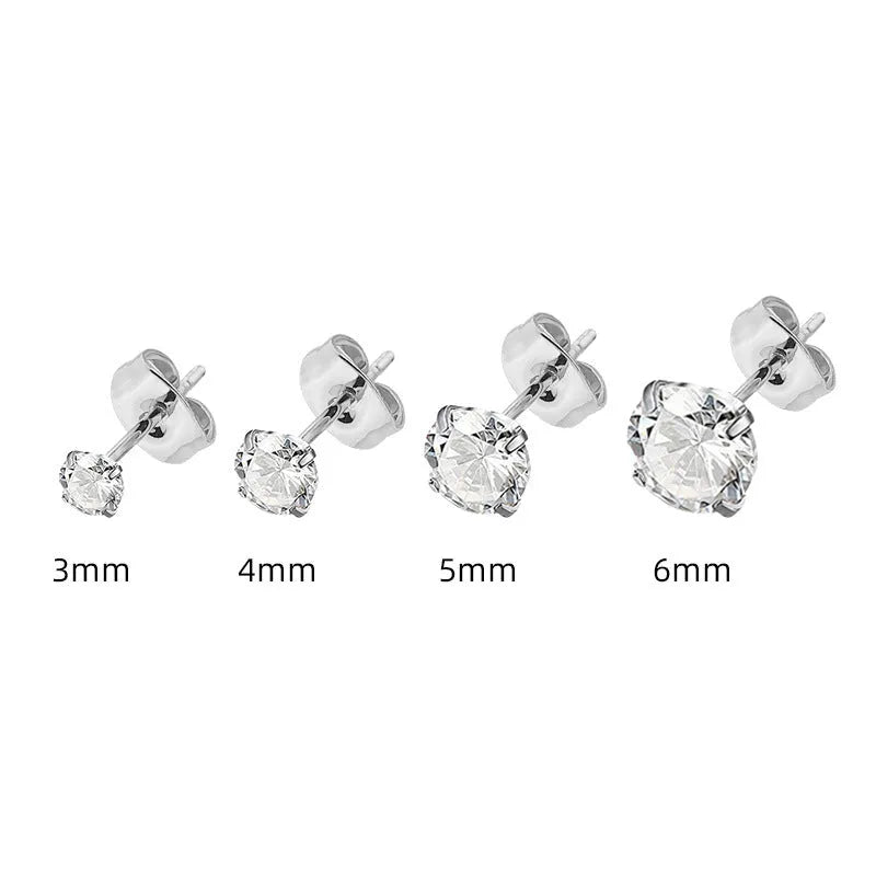 Stainless steel square geometric stud earrings with round zircon stones in gold and steel colour, sizes 2mm to 8mm.