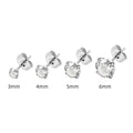 Stainless steel square geometric stud earrings with round zircon stones in gold and steel colour, sizes 2mm to 8mm.