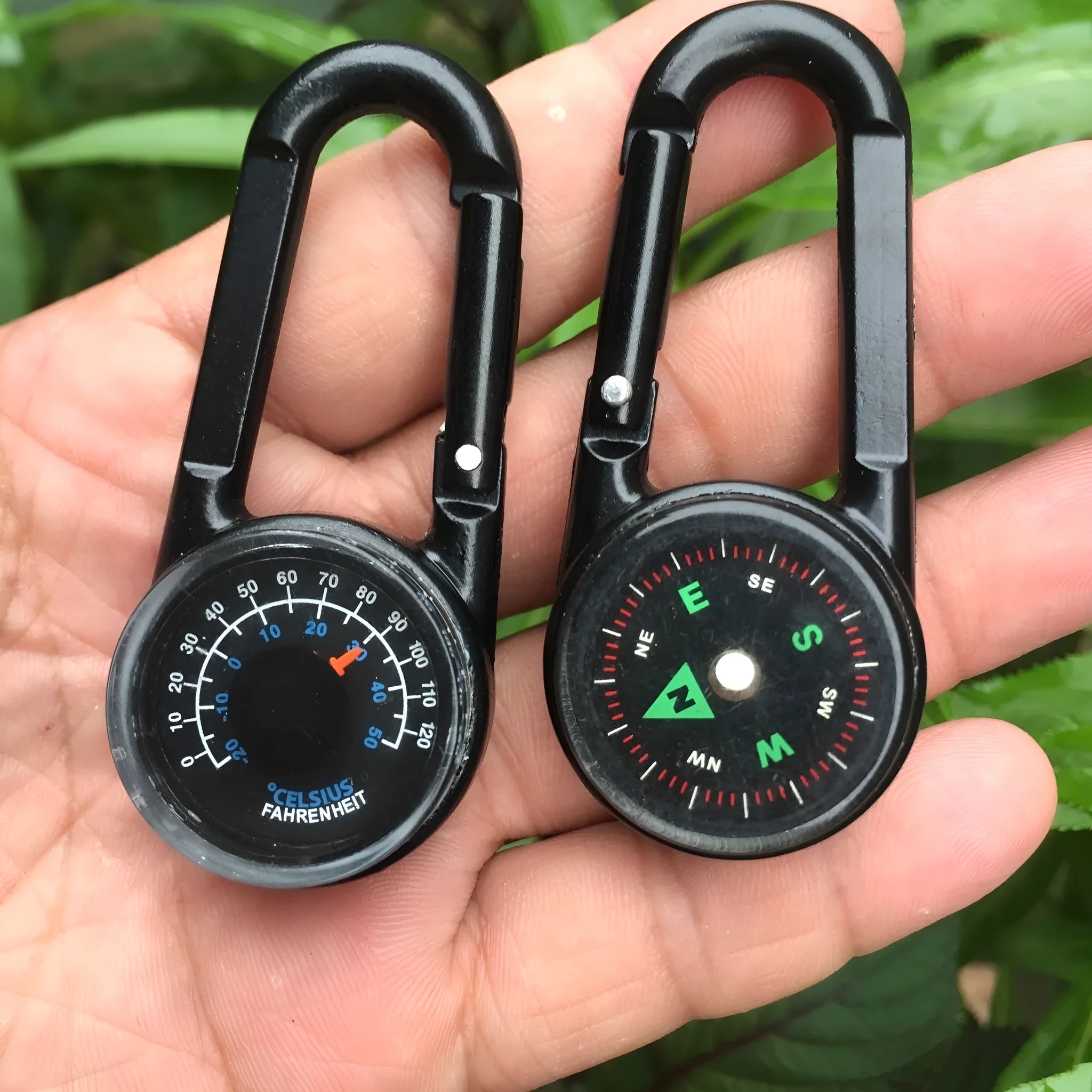 Black army green rose gold zinc alloy carabiner with thermometer and compass, showing double-sided climbing button.