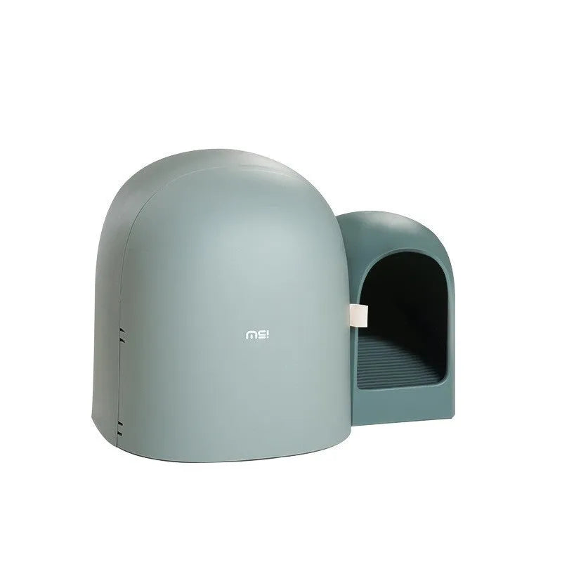 Fully enclosed oversized cat litter box in ABS plastic, shown in moss green colour.