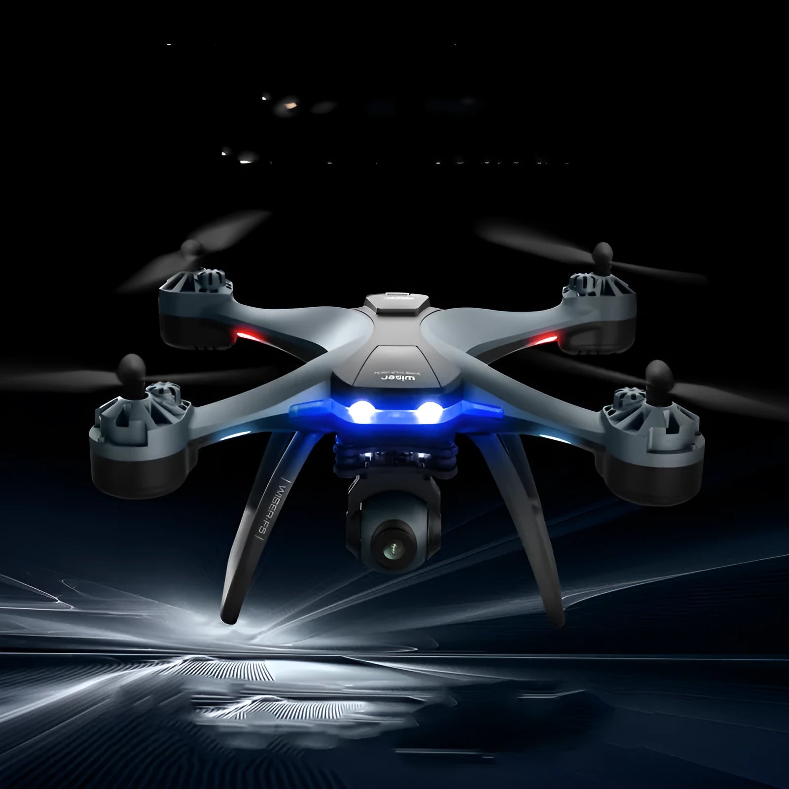 Plastic quadrocopter drone with remote controller, spare blades, and landing gear on a white background.