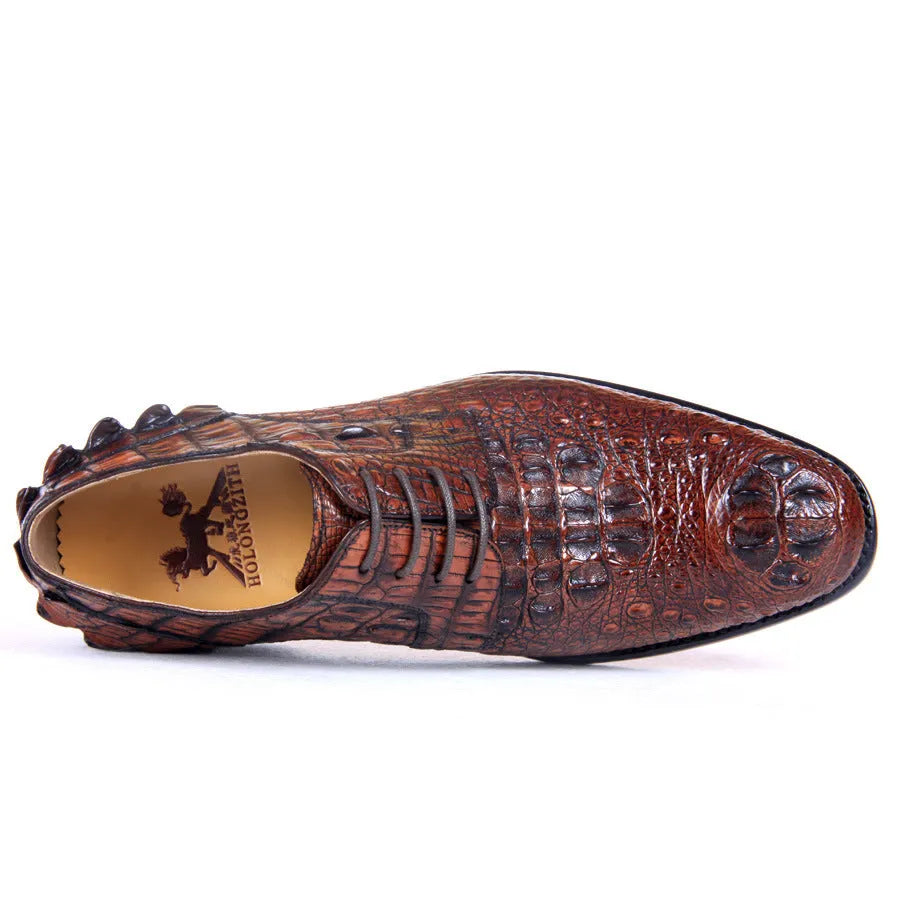 Men's brown crocodile skin dress shoes with leather sole, low-top business style, sizes 38-47