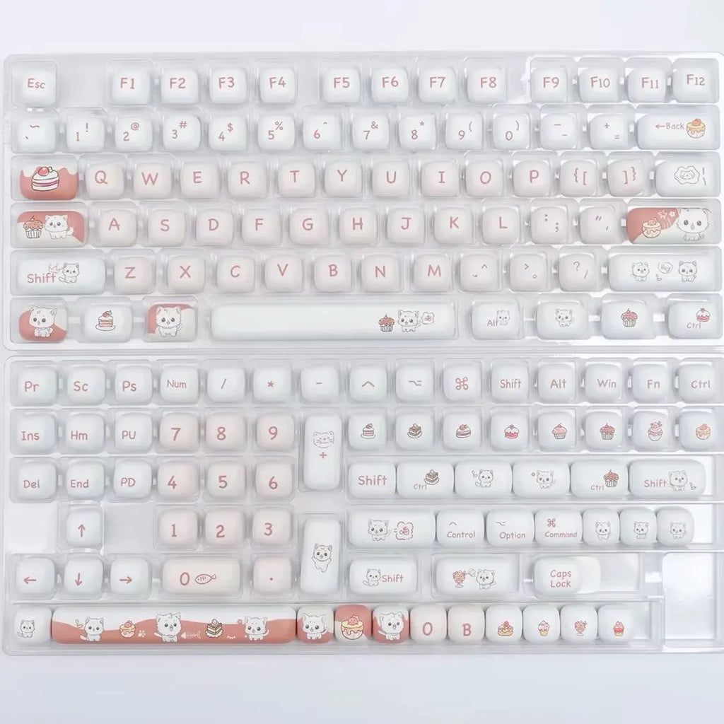 Round mechanical keyboard key cap set with colourful dessert cat cartoon design.