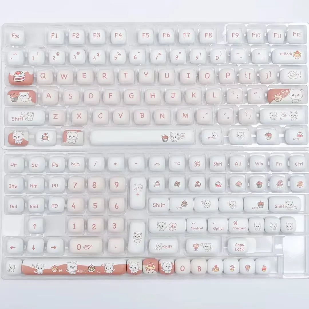 Round mechanical keyboard key cap set with colourful dessert cat cartoon design.