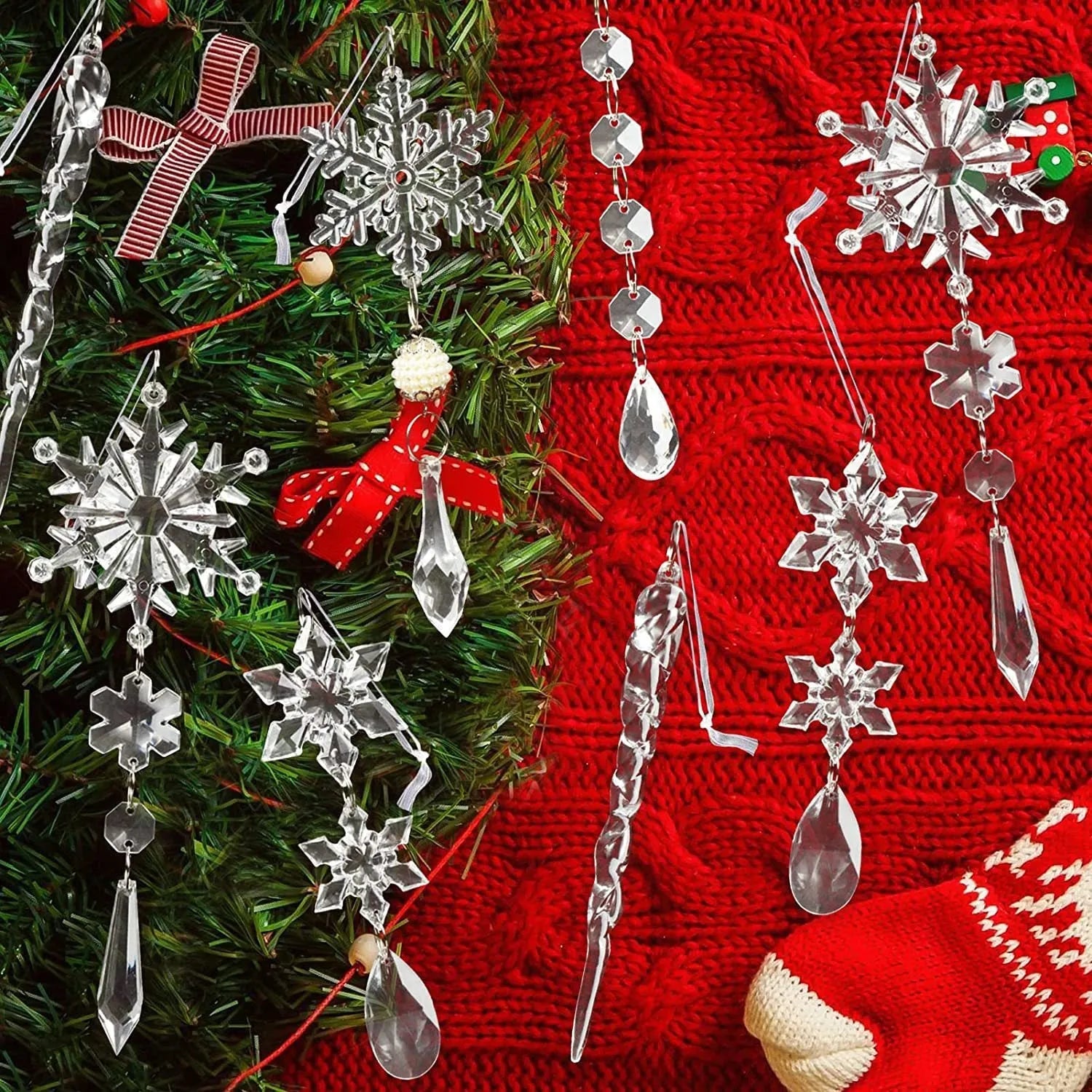 Set of 10 transparent acrylic icicle and snowflake Christmas tree hanging ornaments with ribbons.
