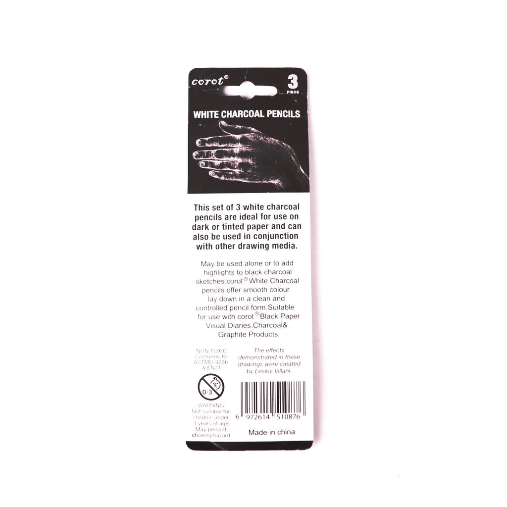 Set of three white powder lead sketching pencils with wooden barrels for dark paper drawing.