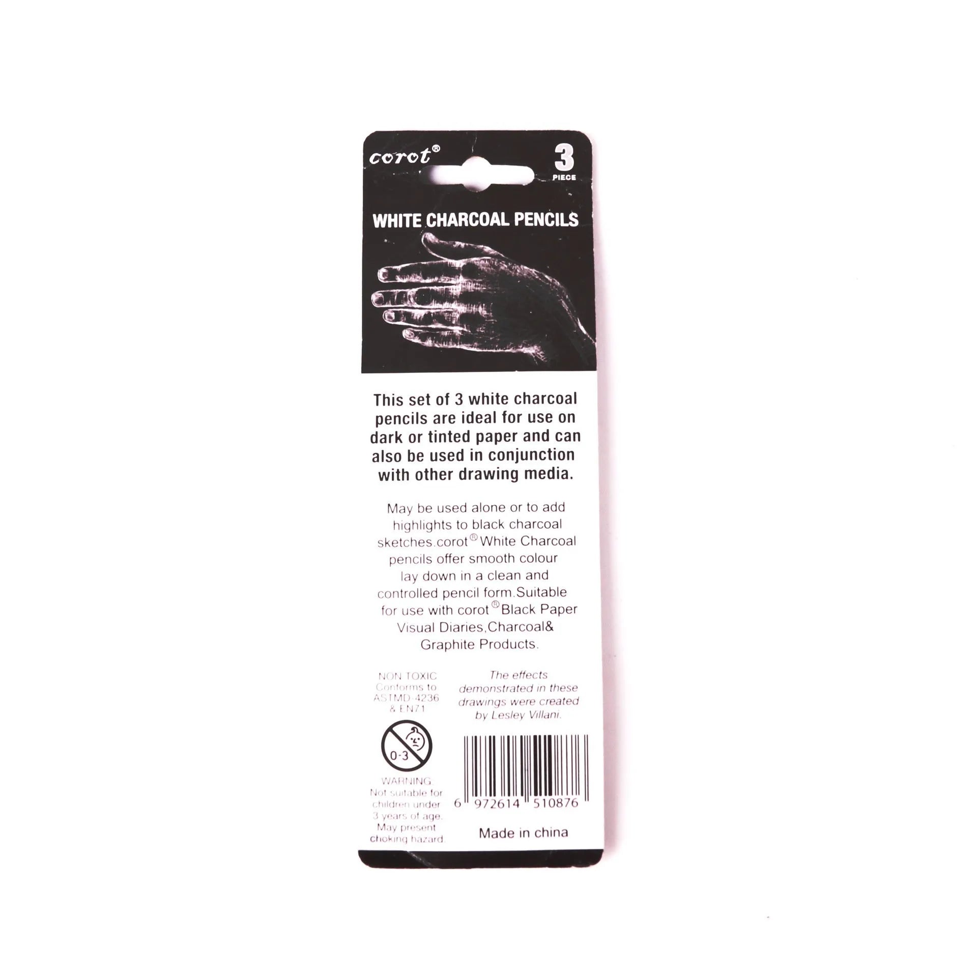 Set of three white powder lead sketching pencils with wooden barrels for dark paper drawing.