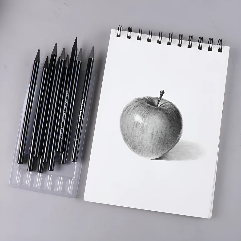 Carbonized pencil set showing six graphite and three carbonized drawing pencils with wooden casings on suction card packaging