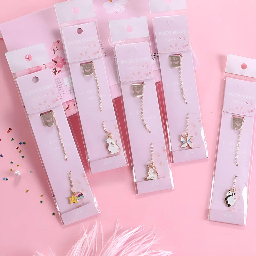 Creative cartoon metal pendant bookmark made from alloy in various designs like panda, rocket, and cat claw.