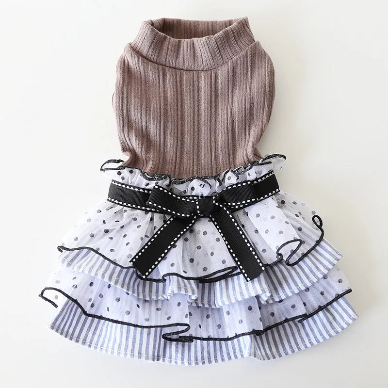 Polka dot lace princess dress for small pets with tulle skirt in purple, black, or coffee colours