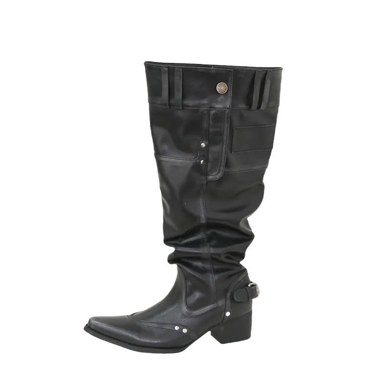 Black pointed toe chunky heel slimming pile style boots with leather lining and rubber sole