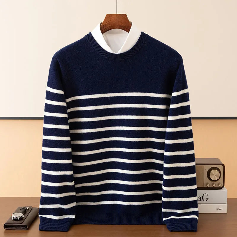 Men's round neck long sleeve wool sweater in white, light blue or dark blue, sizes S to XXXL