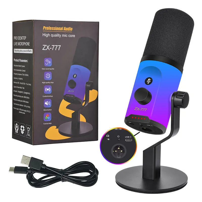 ZX777 moving coil USB XLR microphone with noise reduction and RGB bracket